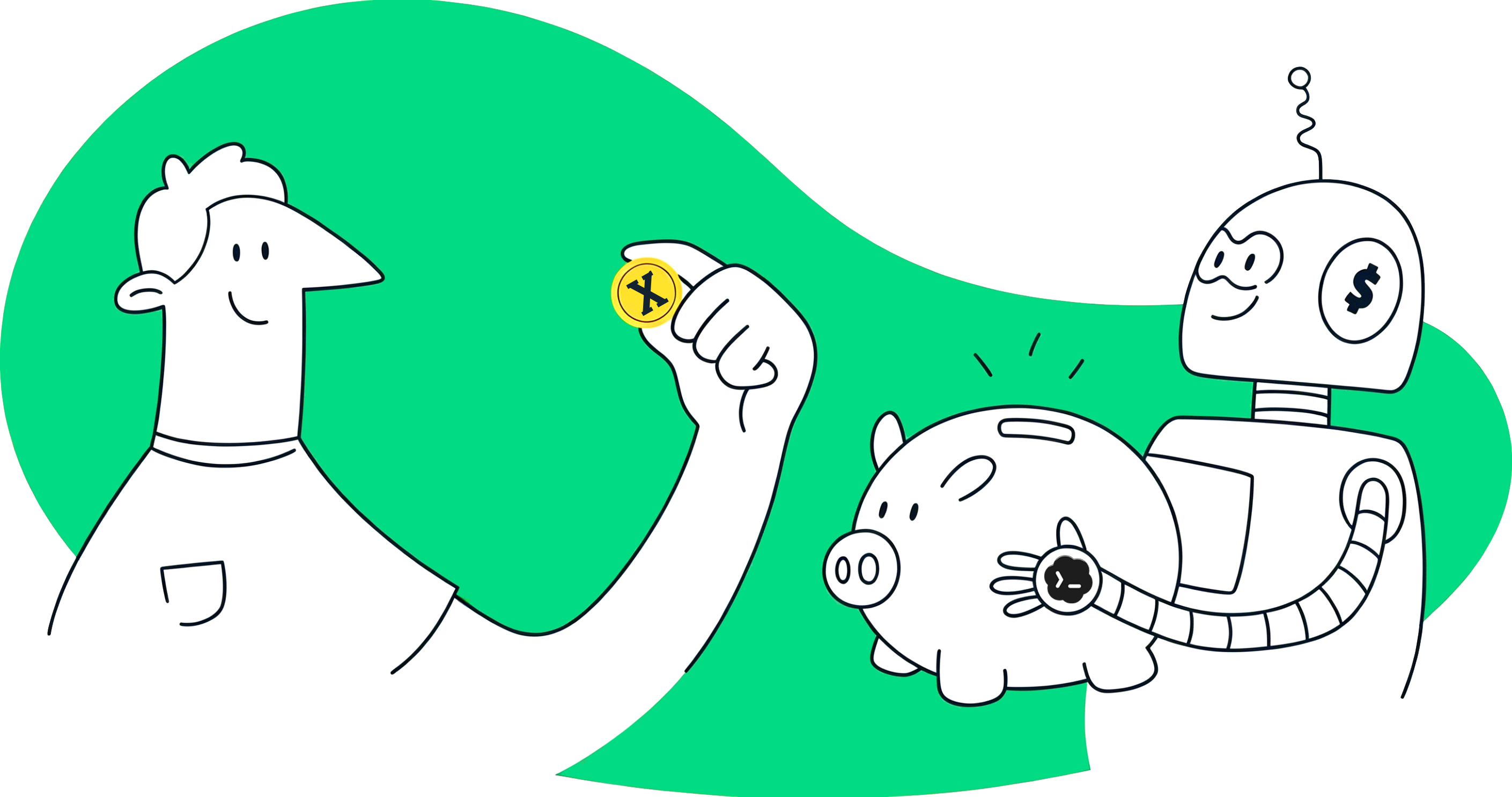 用户、机器人和存钱罐组成的 Codex 充值插画